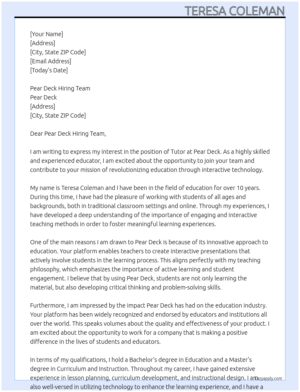 Tutor At Pear Deck Cover Letter