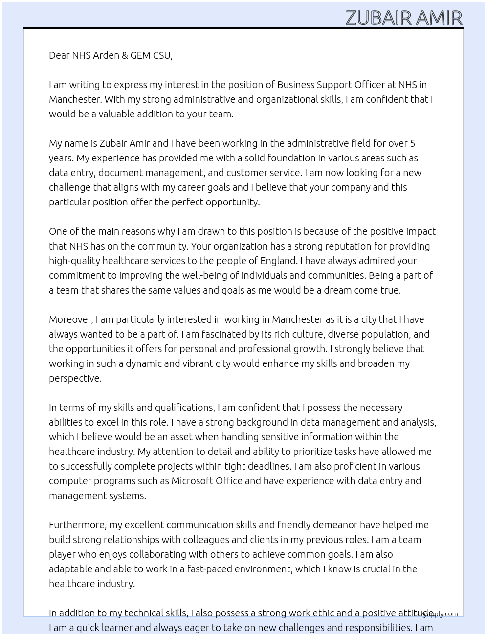 Business Support Officer  At NHS Cover Letter