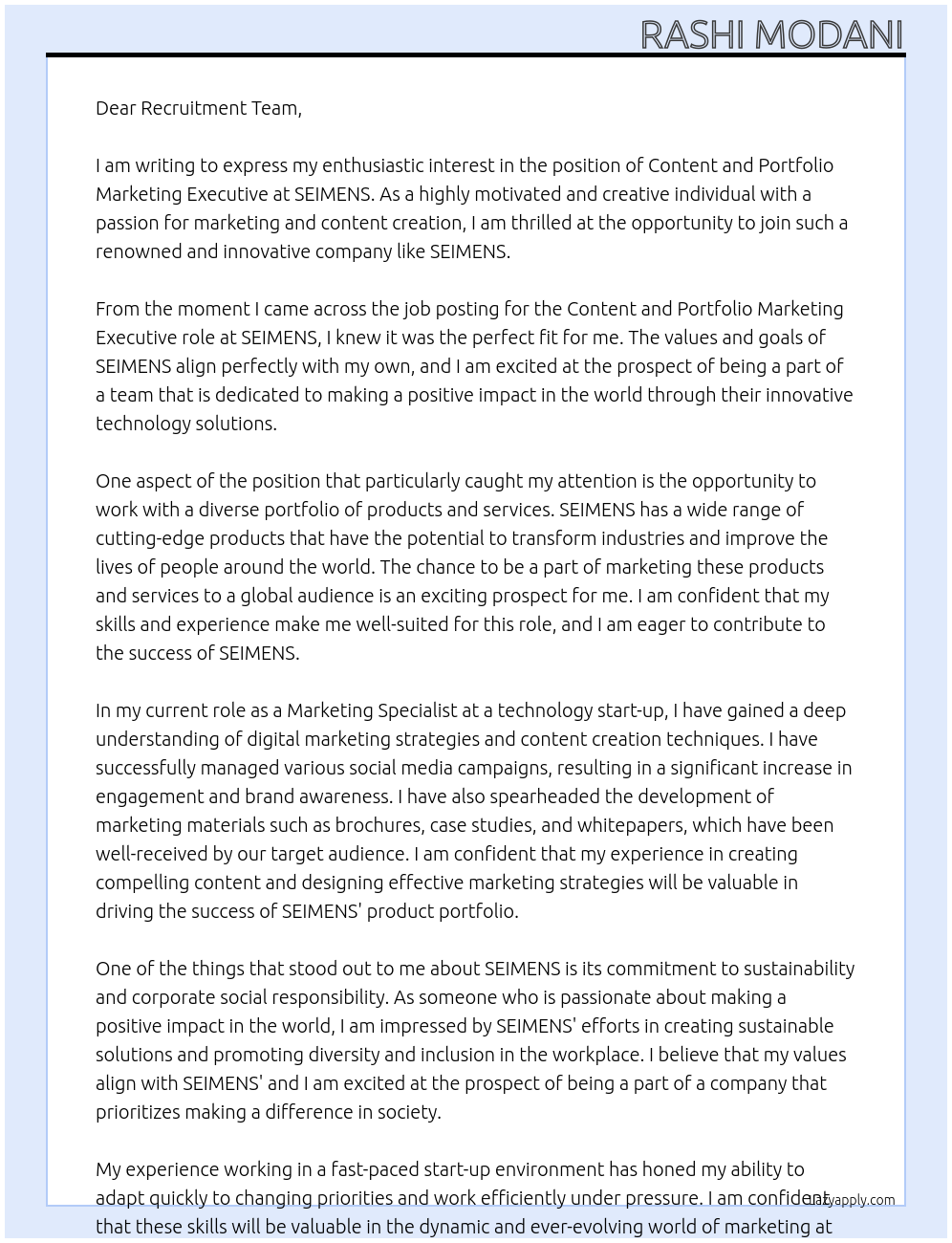 Content and Portfolio Marketing Executive At SEIMENS Cover Letter