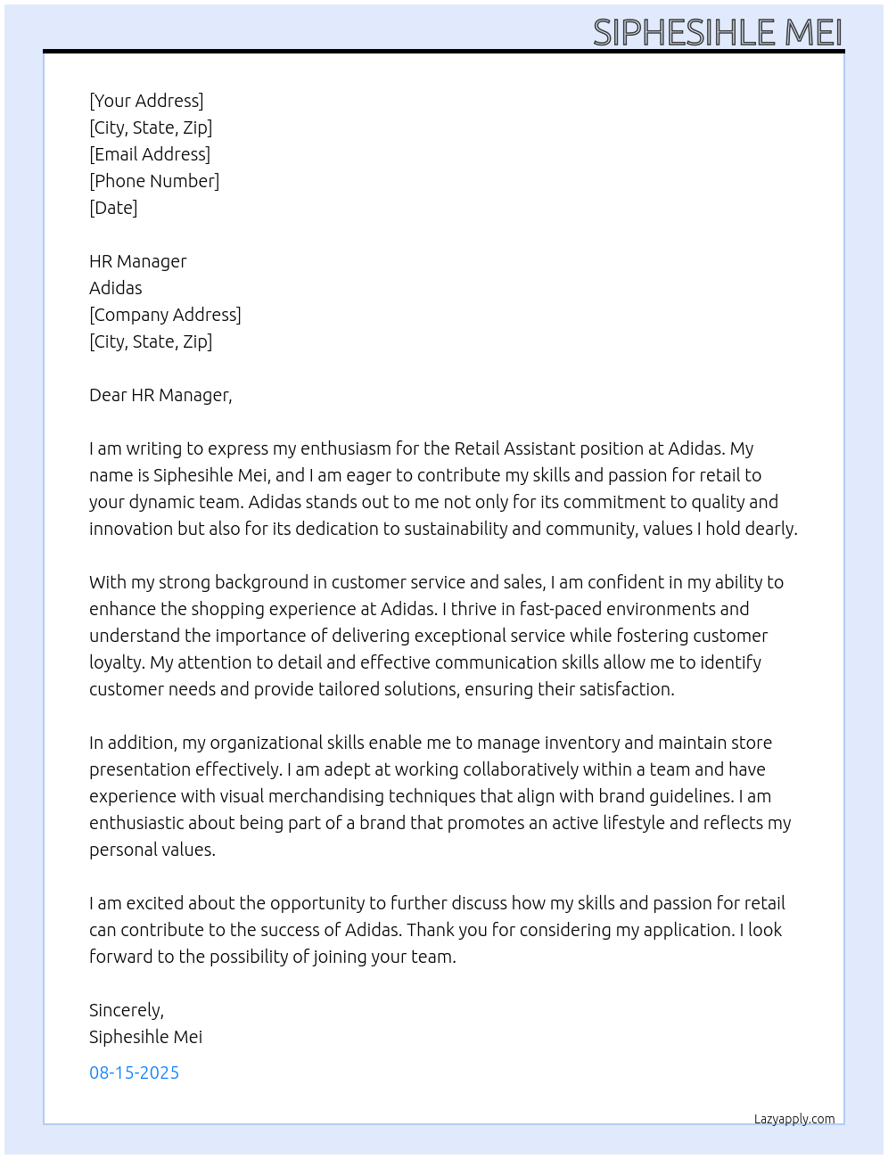 Retail assistant At Adidas Cover Letter