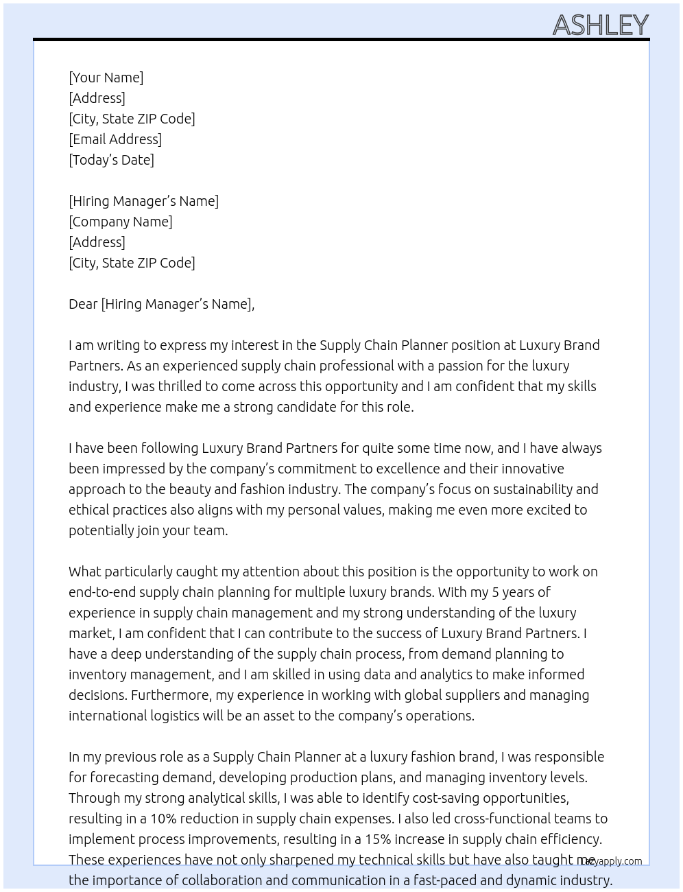 Supply Chain Planner At Luxury Brand Partners Cover Letter