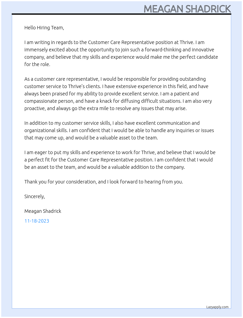Customer care representative  At Thrive  Cover Letter