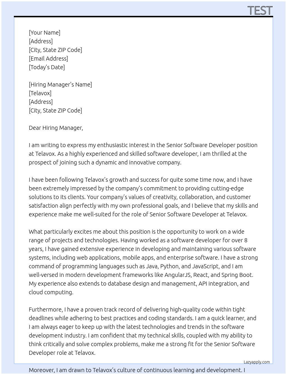 Senior software developer At Telavox Cover Letter