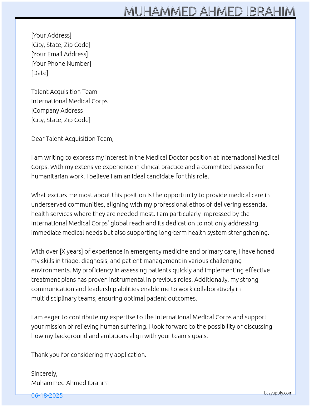 Cover letter for medical doctor - LazyApply