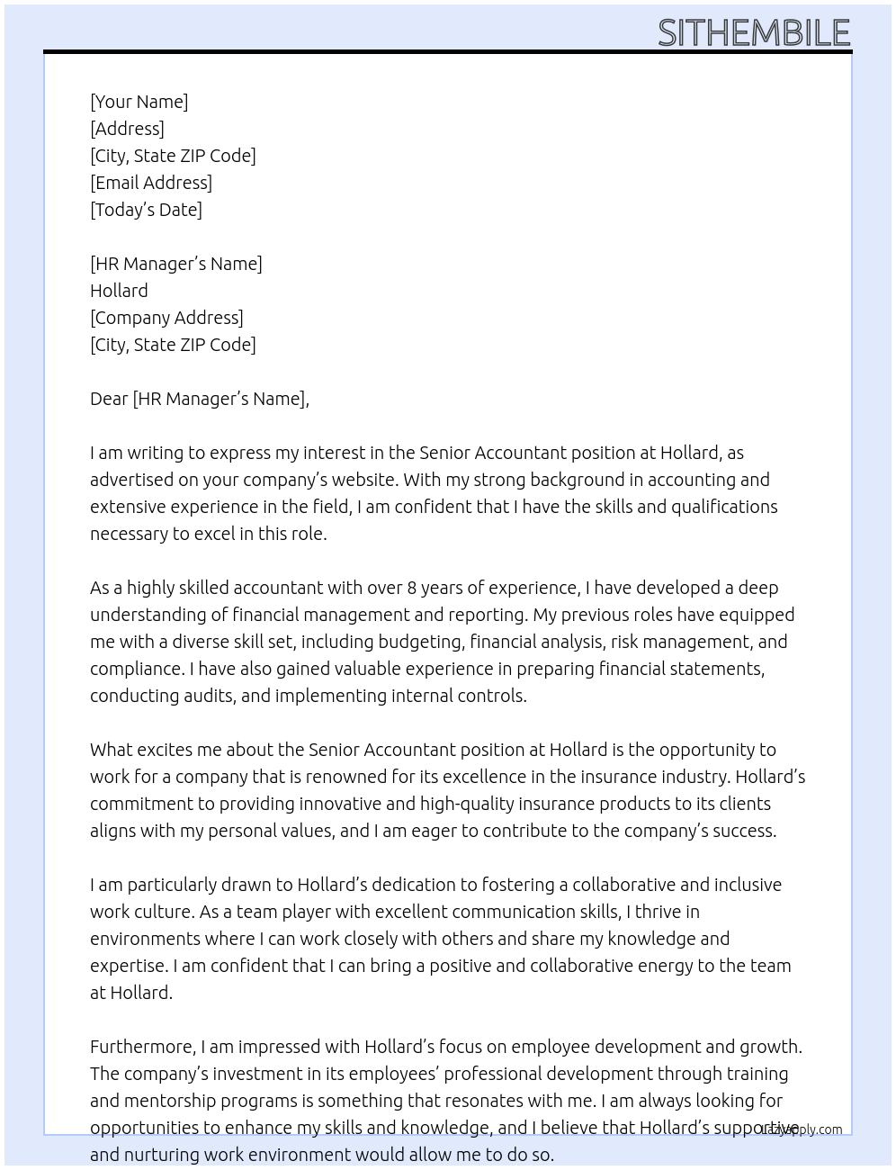 Senior Accountant At Hollard Cover Letter