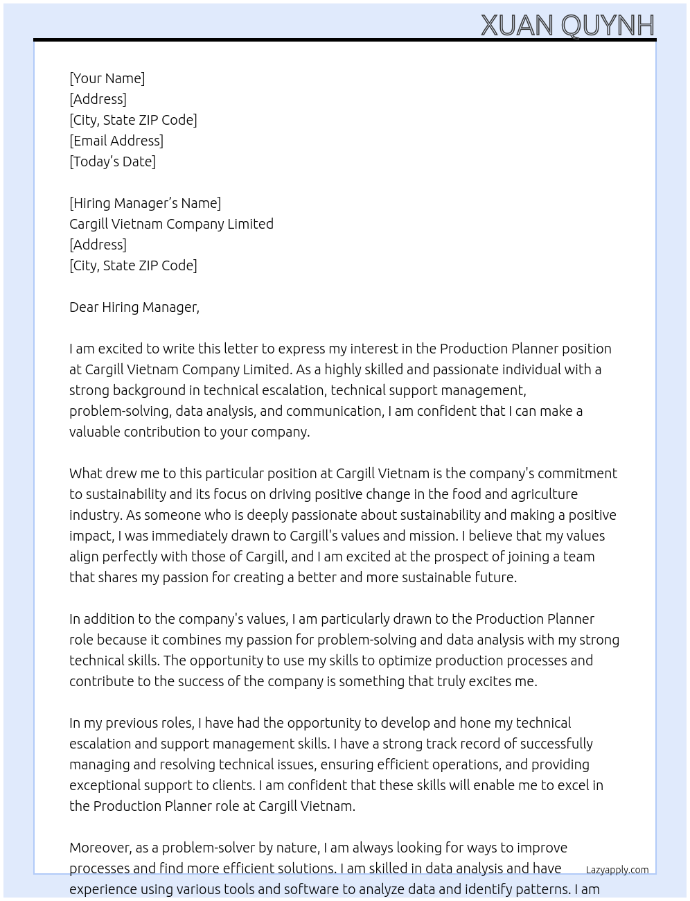 Production Planner At Cargill Vietnam Company Limited Cover Letter