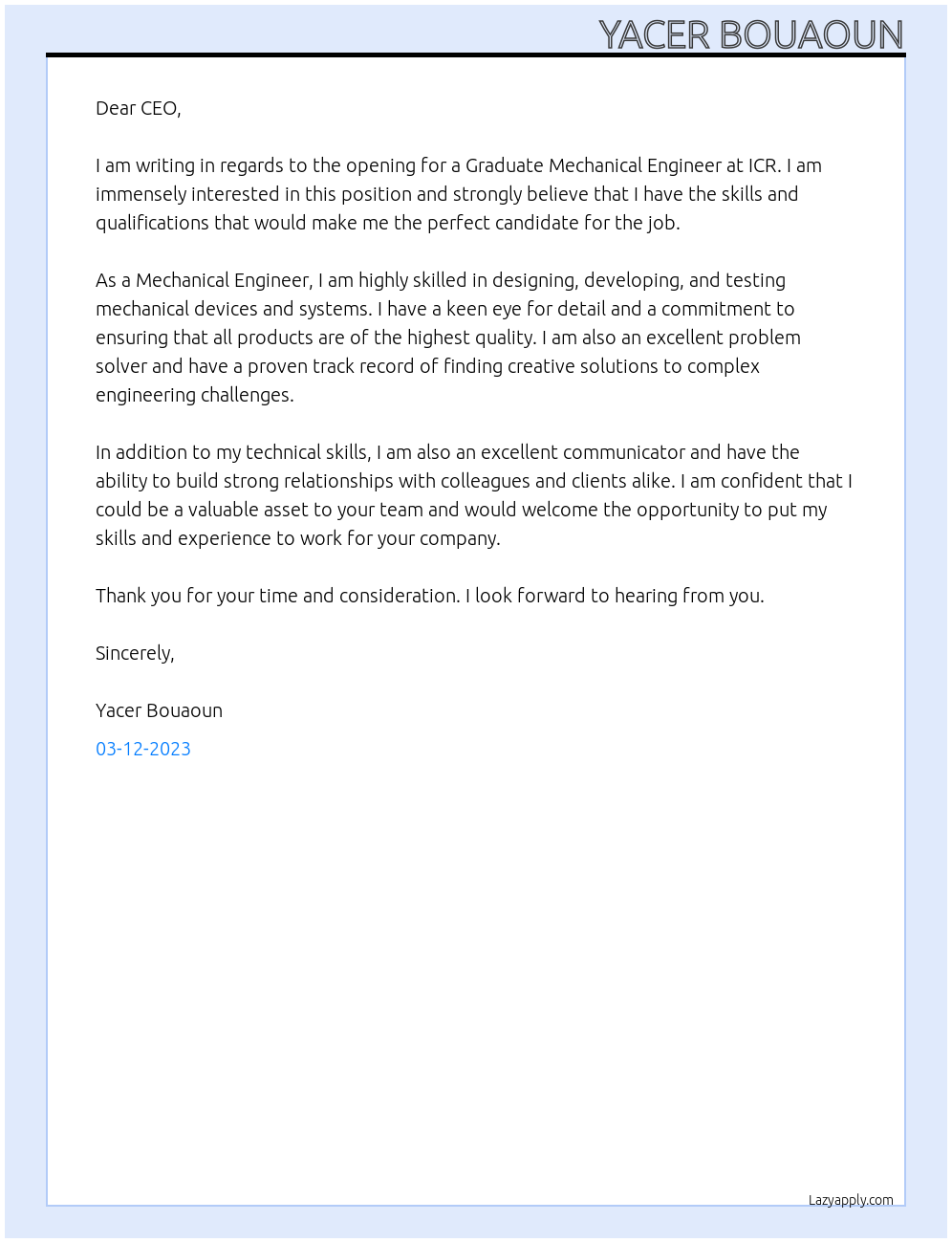 Graduate Mechanical Engineer At ICR Cover Letter