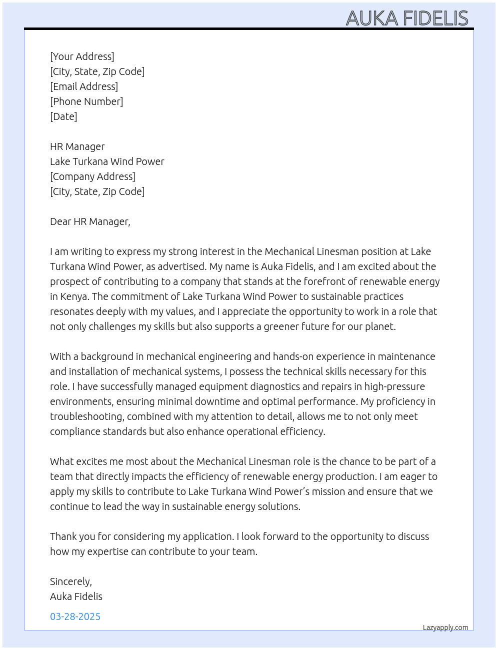 Cover letter for mechanical linesman - LazyApply