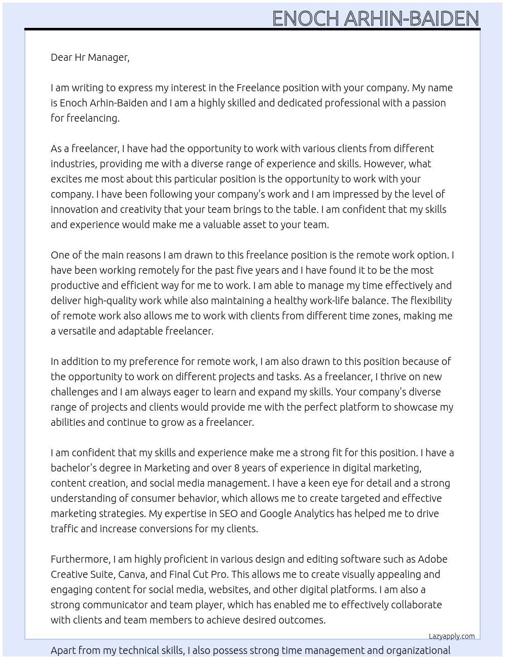 Freelance  At None Cover Letter