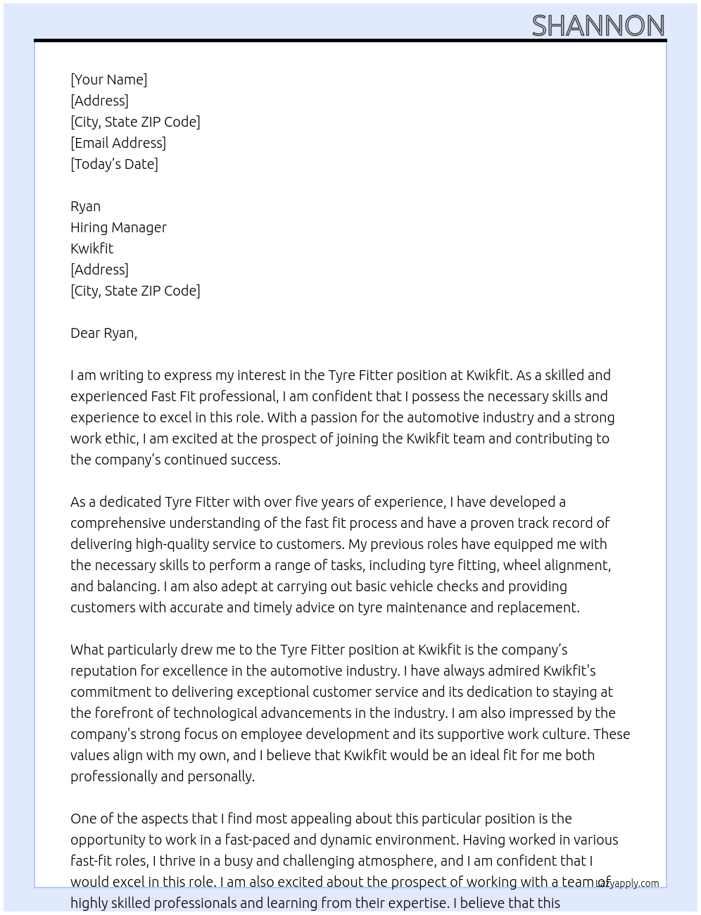 Tyre fitter At Kwikfit Cover Letter