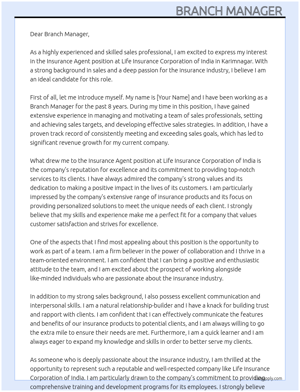 insurance agent At Life insurance corporation of india Cover Letter