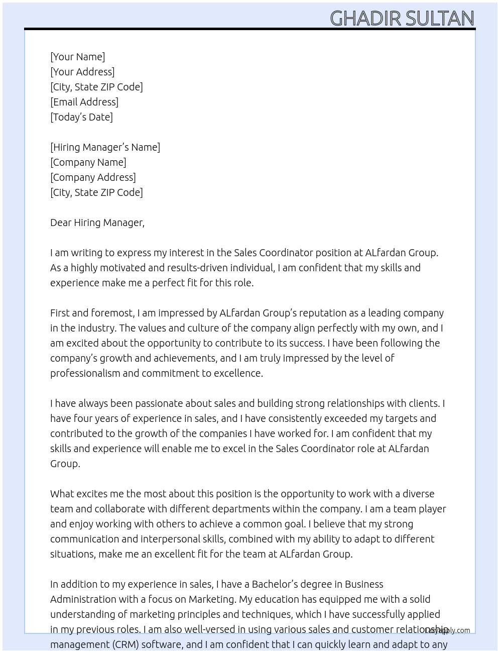 Sales coordinator At ALfardan Group Cover Letter