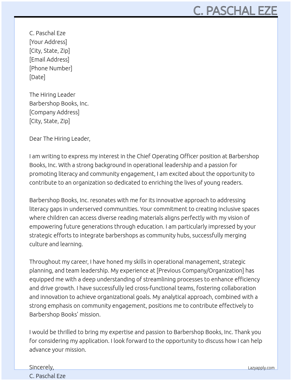 Cover letter for chief operating officer - LazyApply