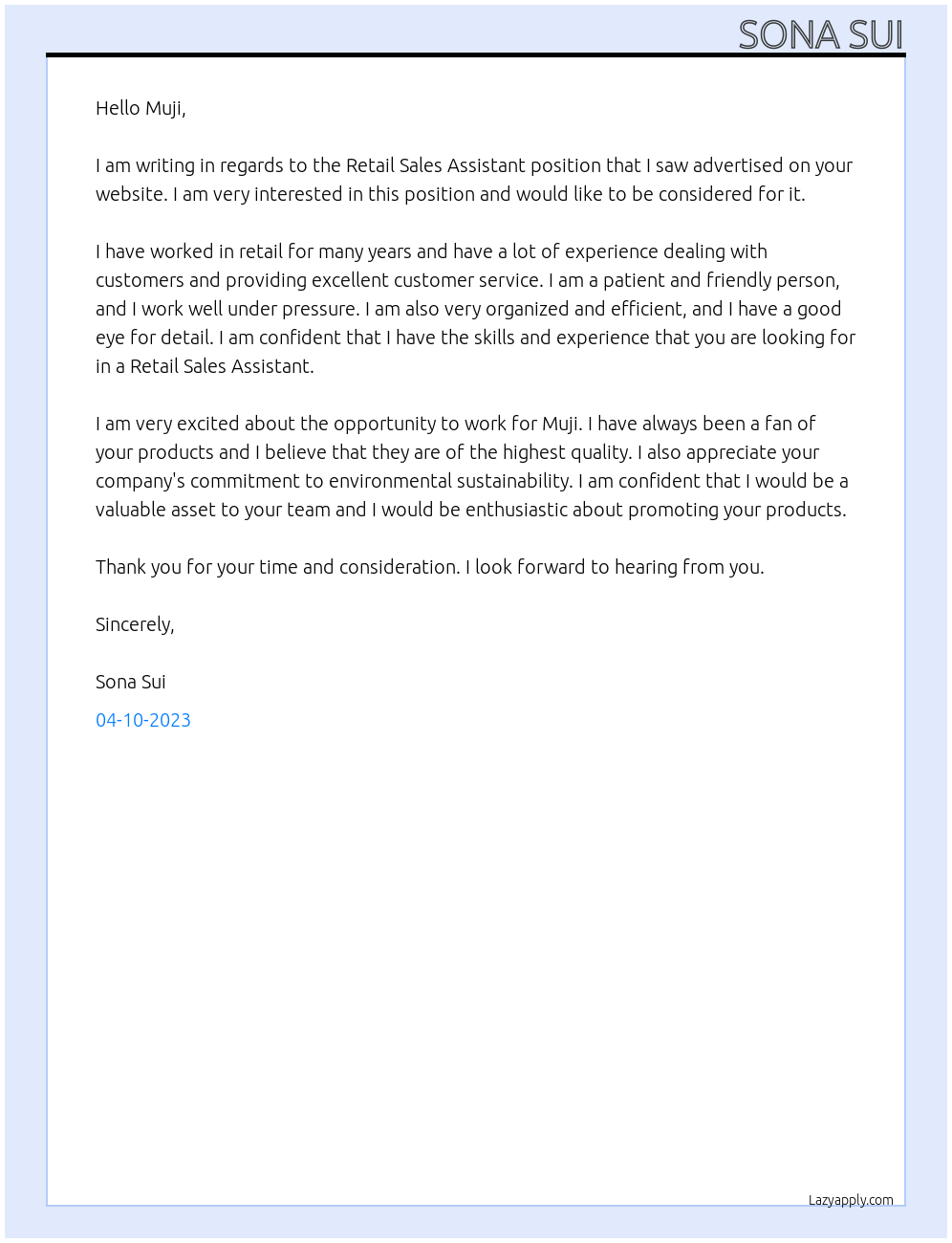 Retail Sales Assistant At Muji Cover Letter