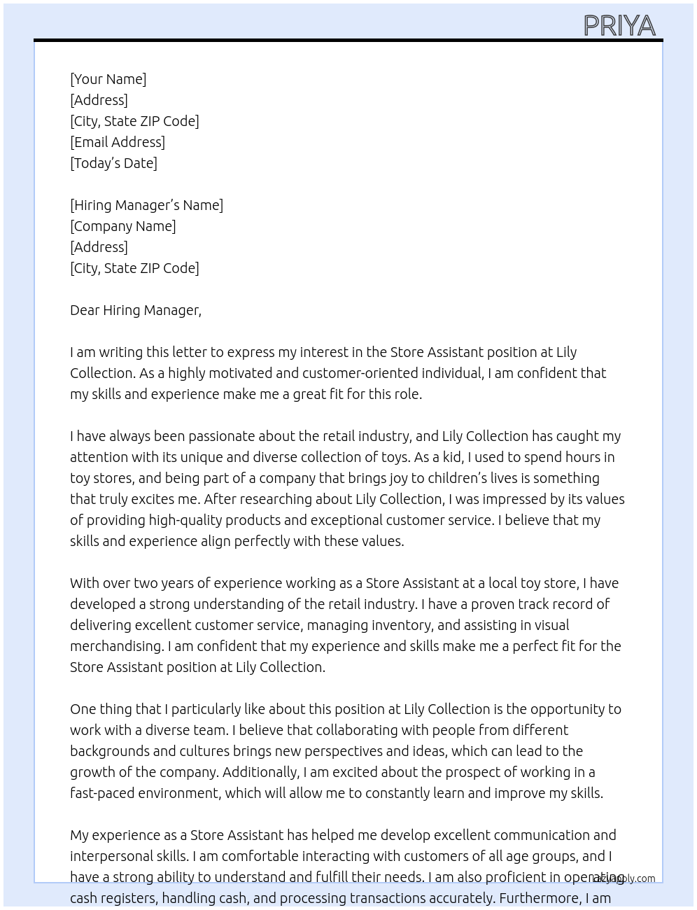 store assistant At lily collection ( toy store ) Cover Letter