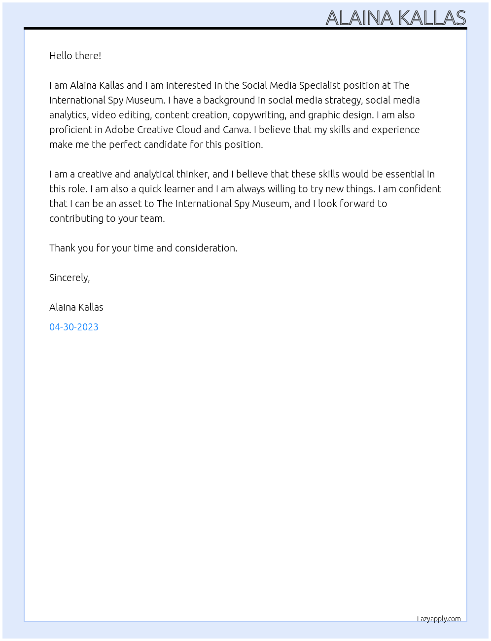 Social Media Specialist At The International Spy Museum Cover Letter