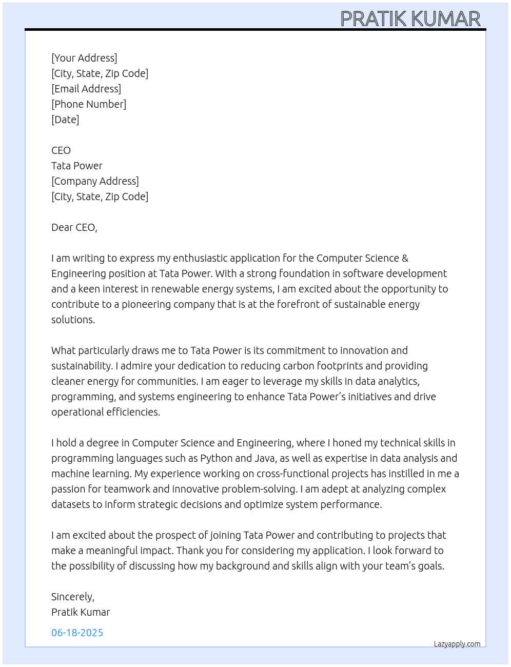 Cover letter for computer science & engineering - LazyApply