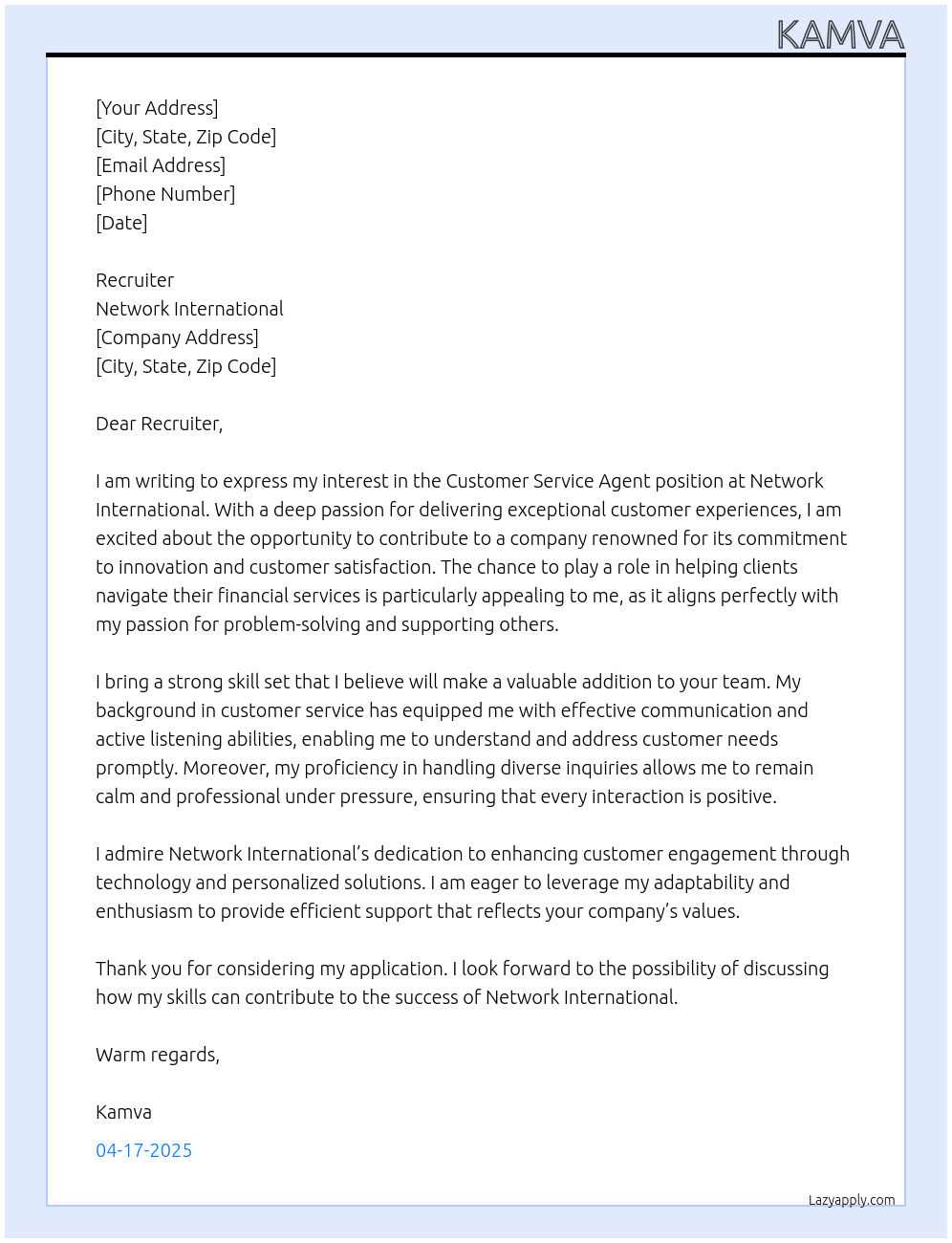 Customer Service agent At Network International  Cover Letter