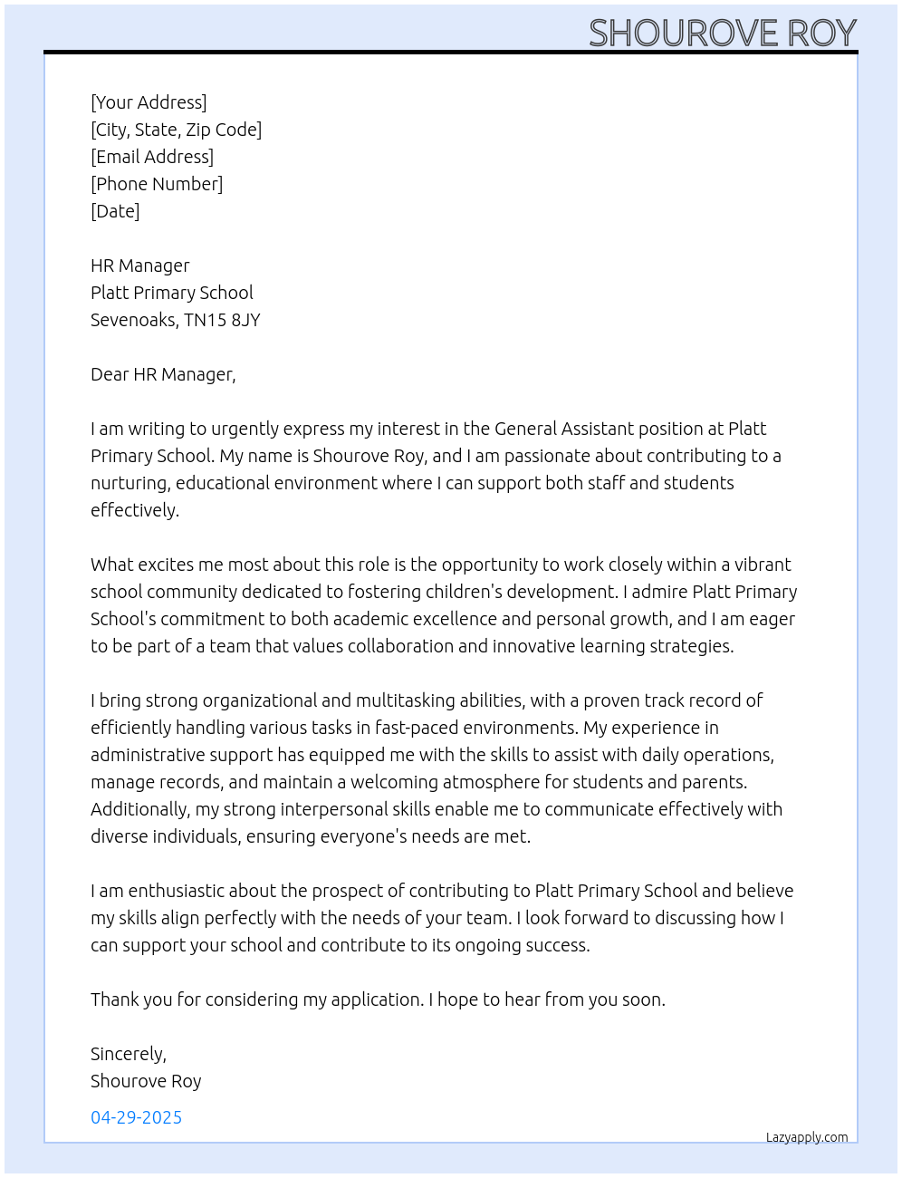 General Assistant  At Platt Primary school, Sevenoaks, TN15 8JY  Cover Letter