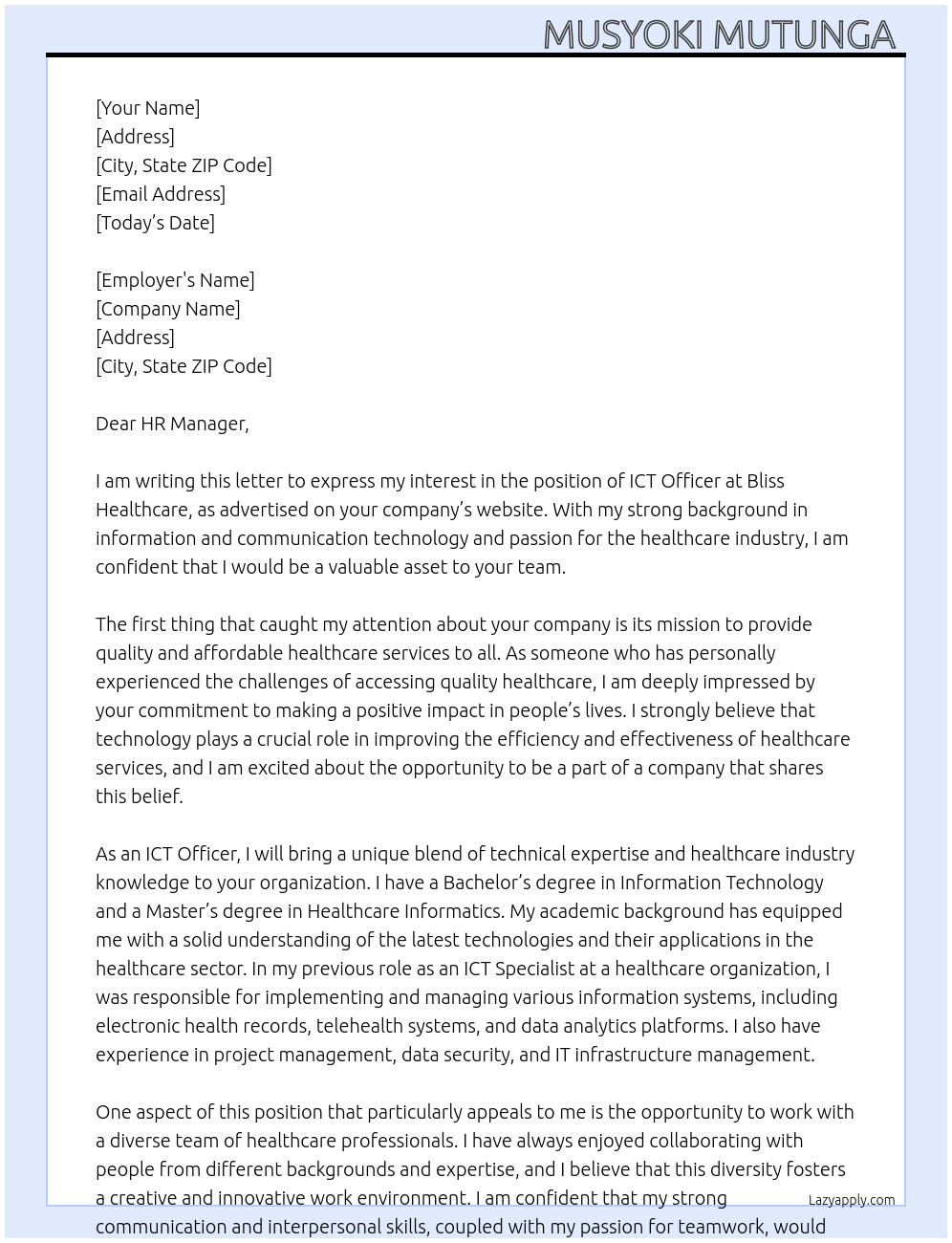 ICT Officer At Bliss Healthcare Cover Letter