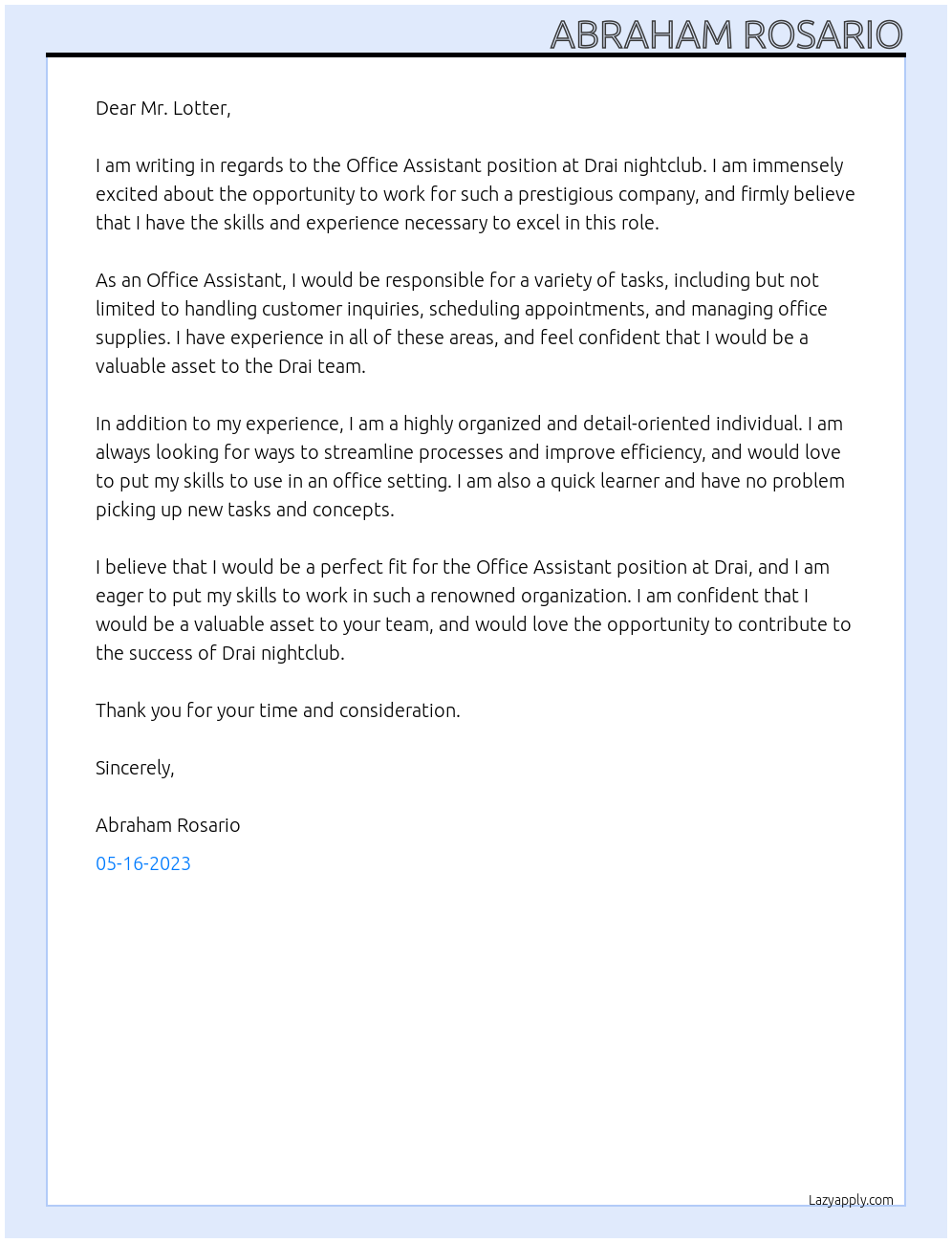 office assistance At drai nightclub  Cover Letter