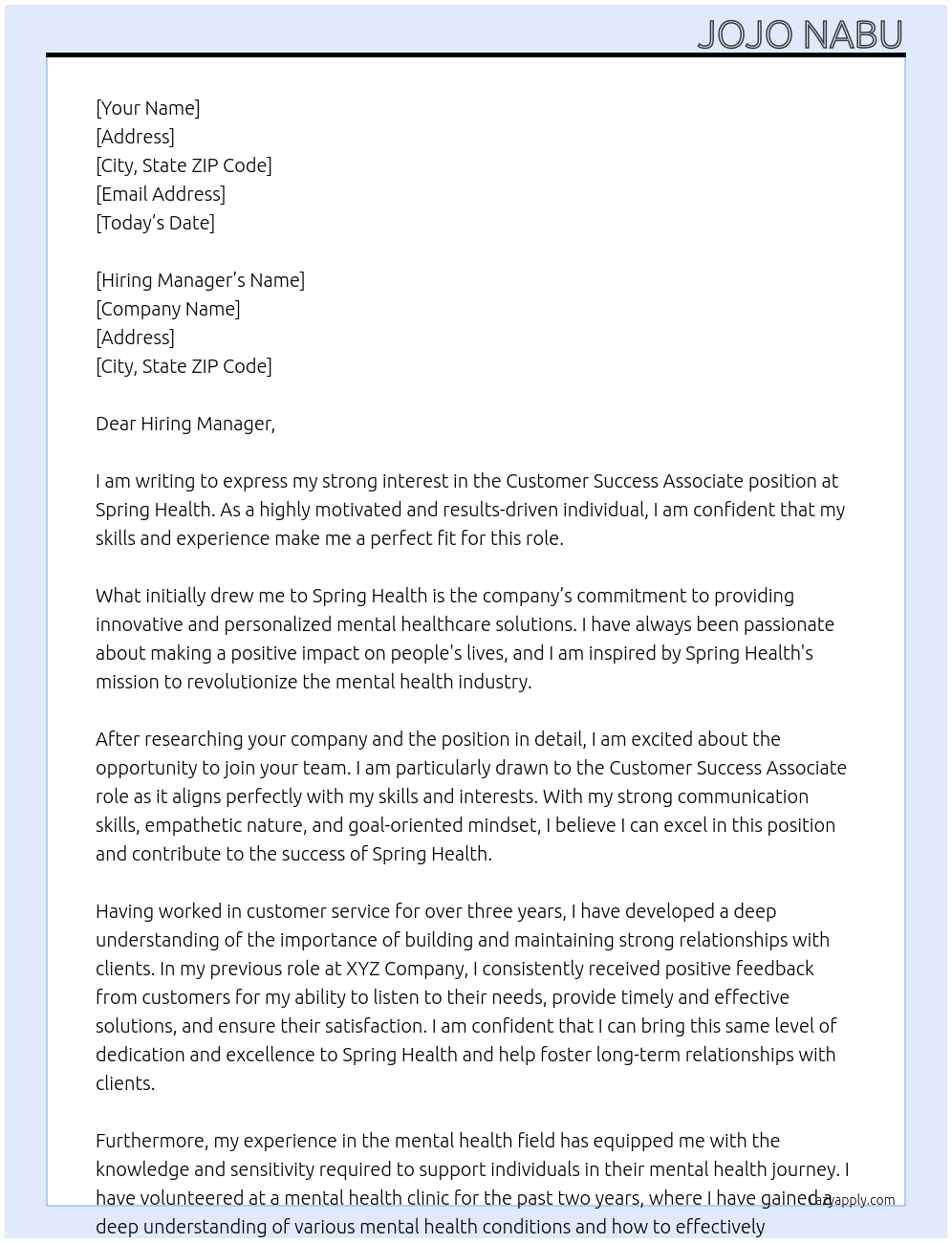 Customer success associate At Spring health Cover Letter