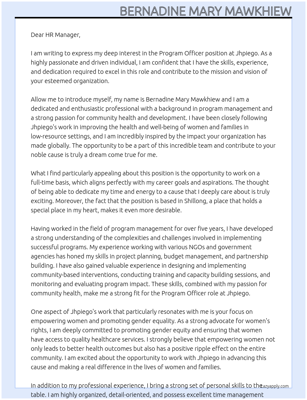 Program officer At Jhpiego Cover Letter