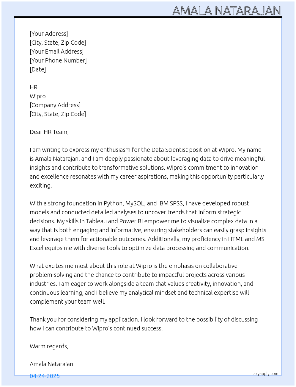 Data Scientist At Wipro Cover Letter