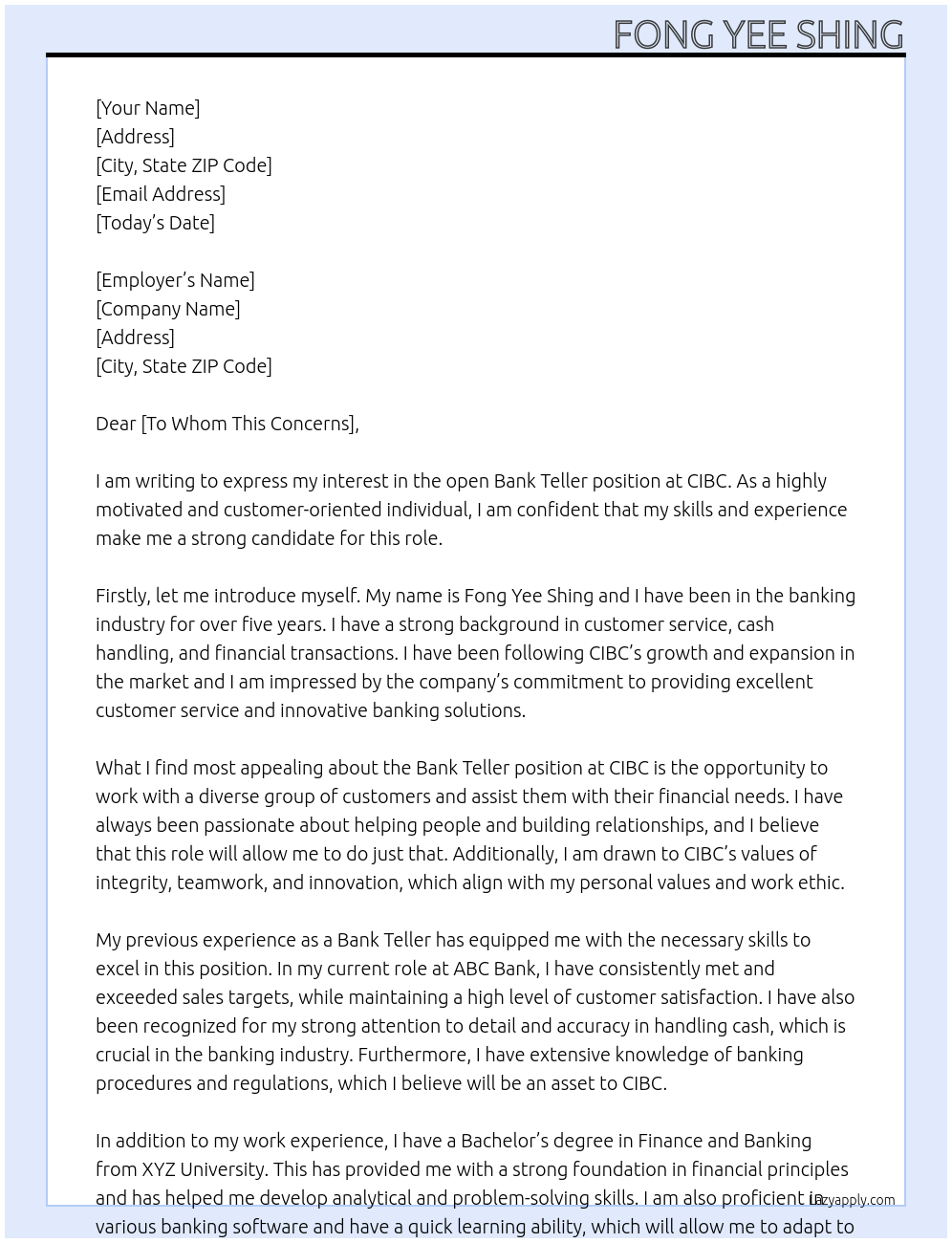 Bank Teller At CIBC Cover Letter