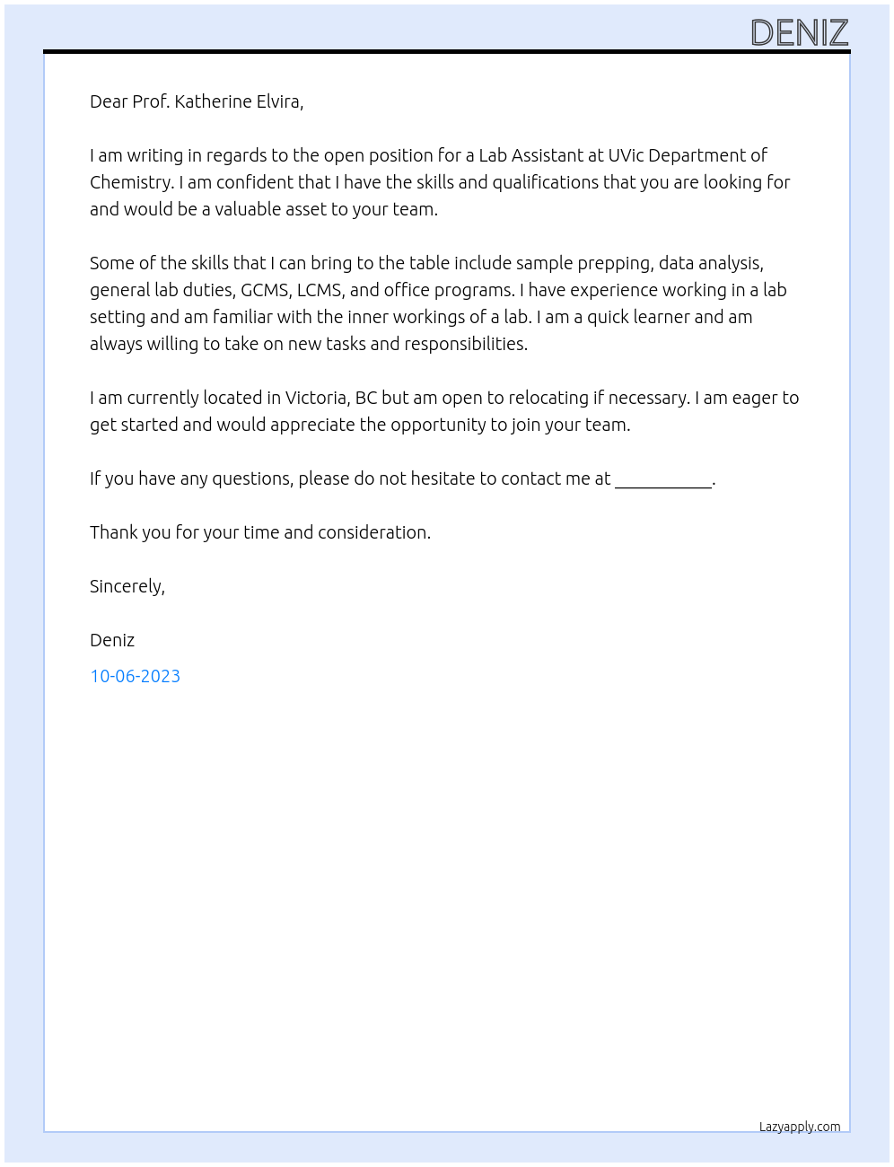 Lab Assistant At UVic Department of Chemistry Cover Letter