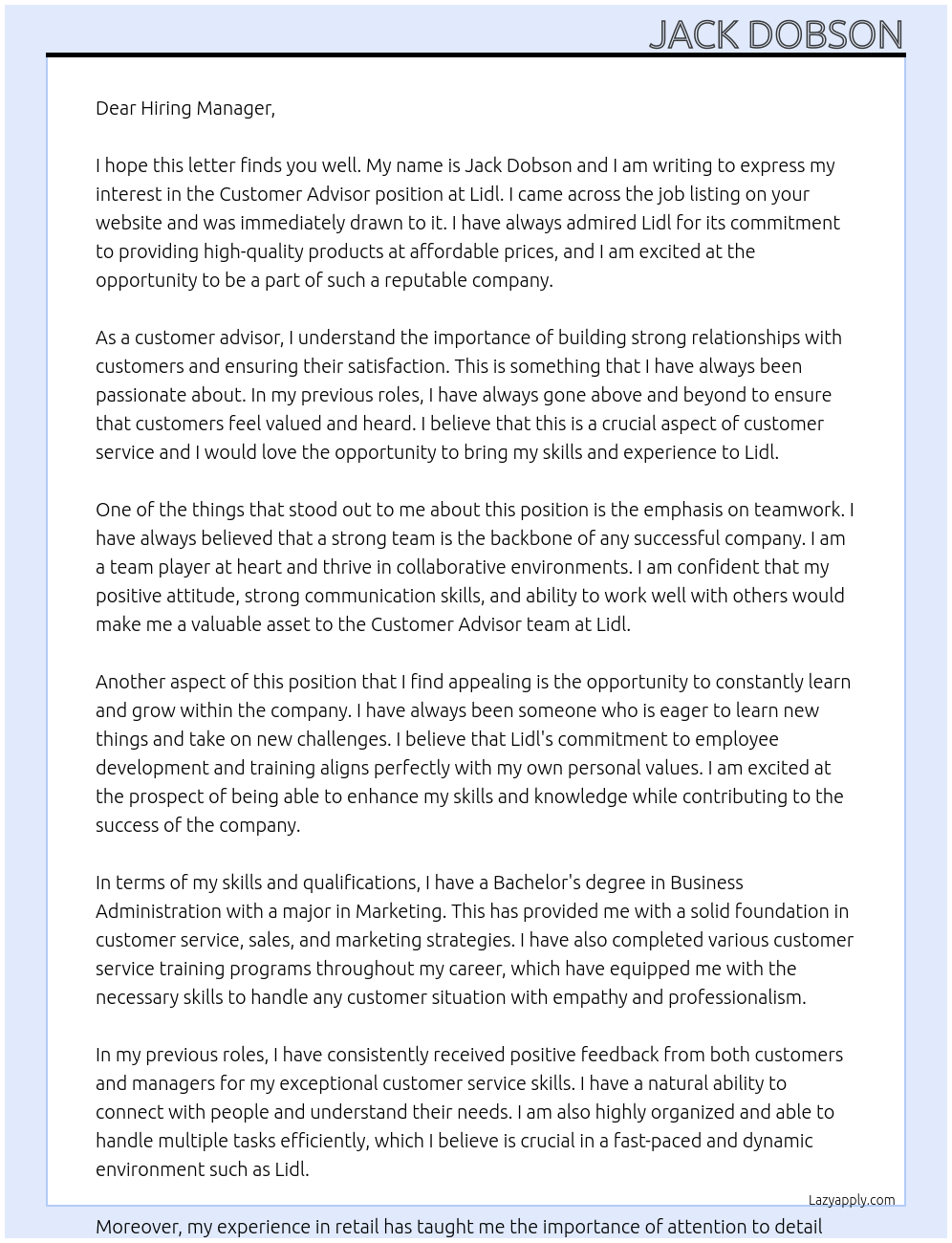 Customer Advisor At Lidl Cover Letter