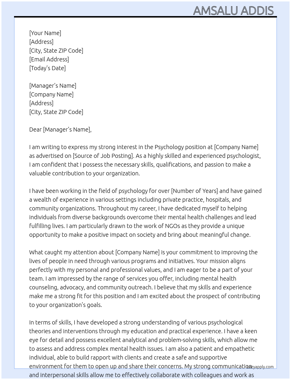 Psychology At NGO Cover Letter