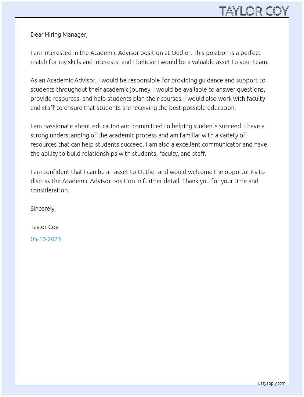 Academic Advisor At Outlier Cover Letter