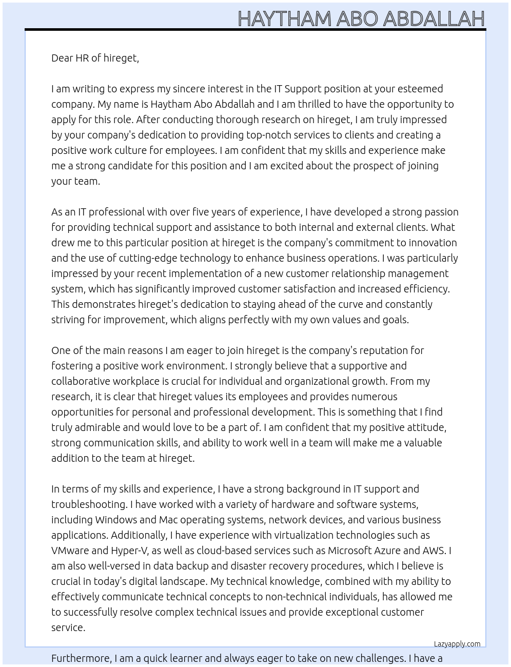 IT Support At hireget Cover Letter