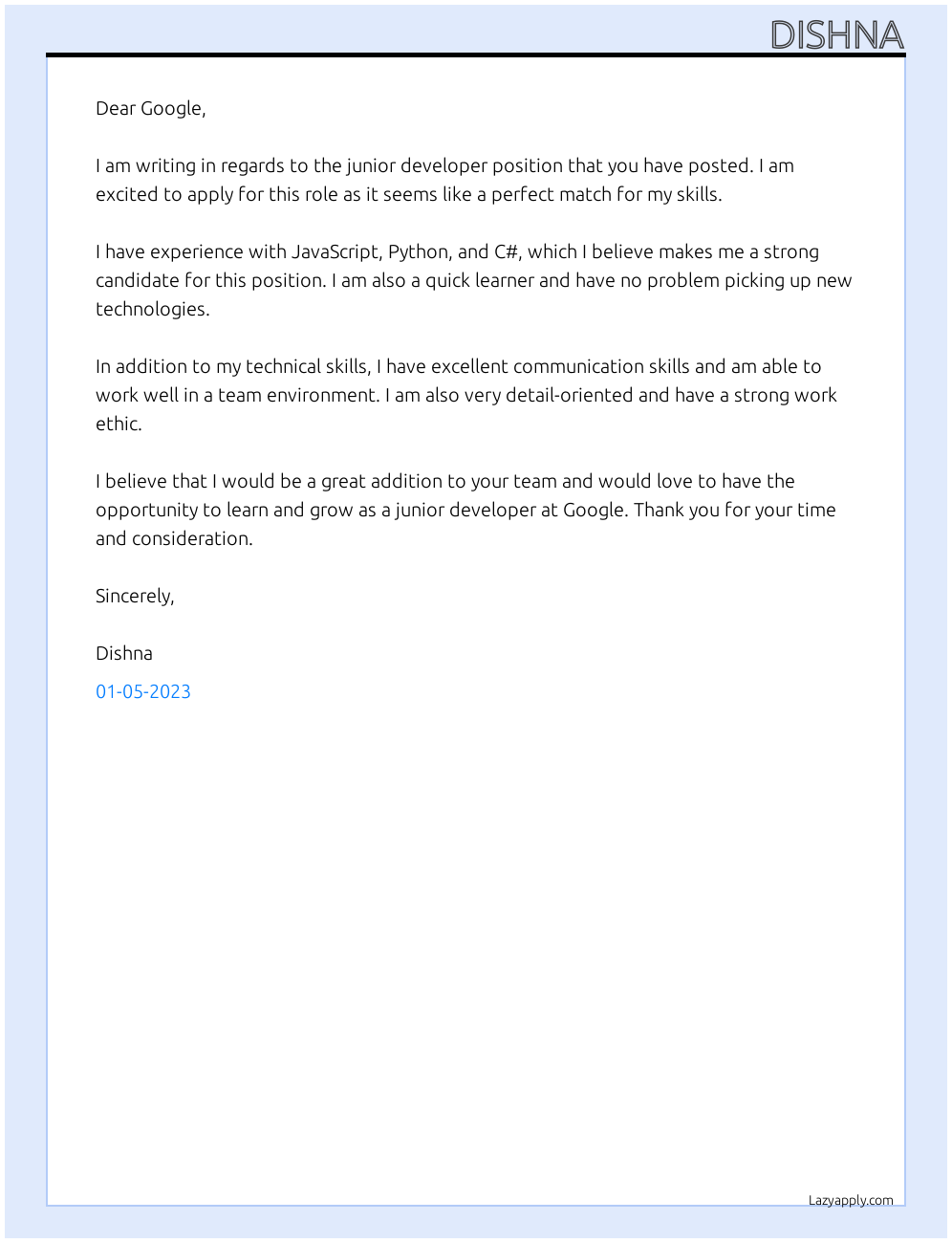 junior developer At Google Cover Letter