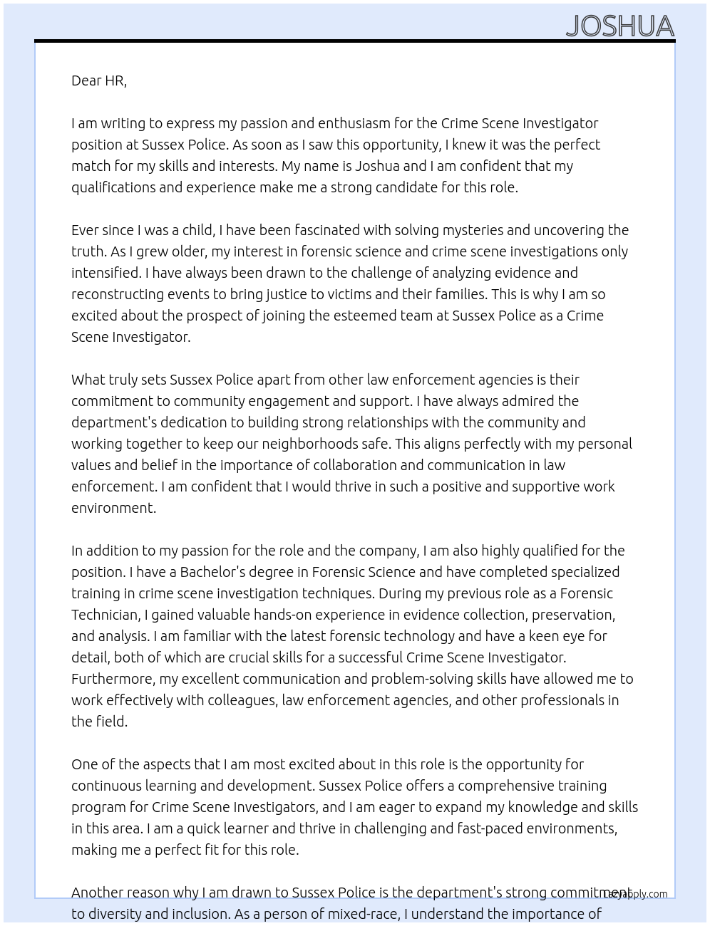 crime scene investigator  At Sussex police Cover Letter