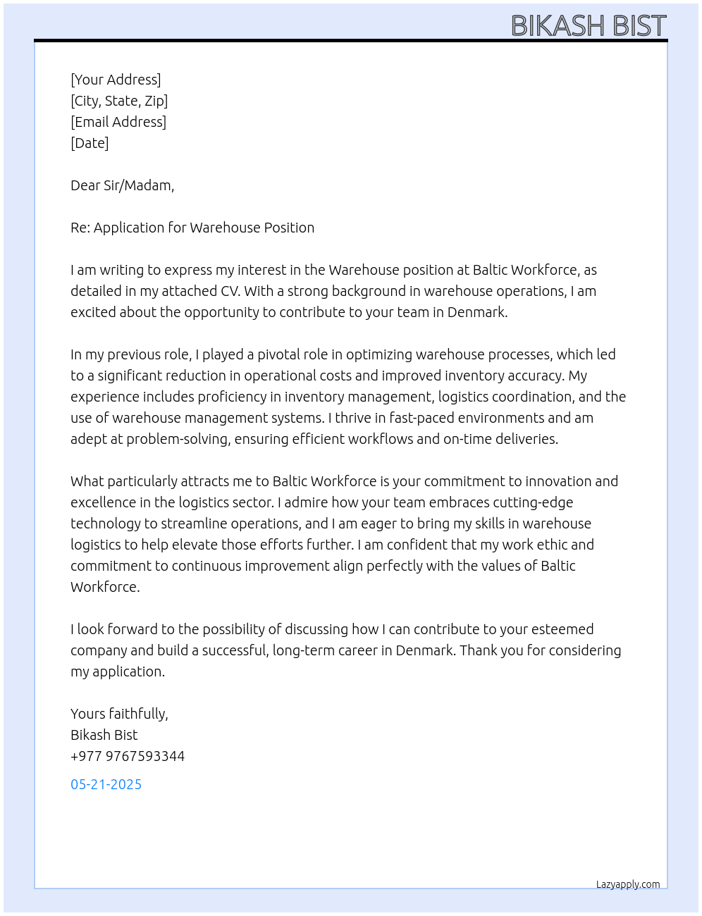 Warehouse At Baltic workforce Cover Letter