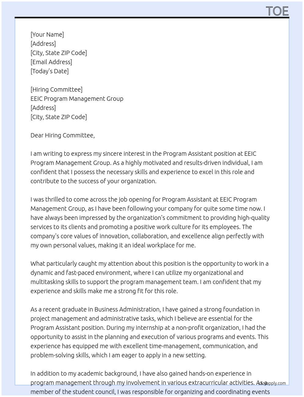 Program Assistant At EEIC Program Management Group Cover Letter