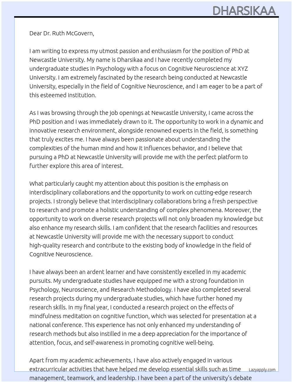 PhD At Newcastle University Cover Letter