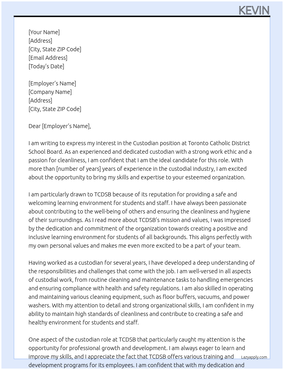 Custodian At Toronto Catholic District School Board Cover Letter