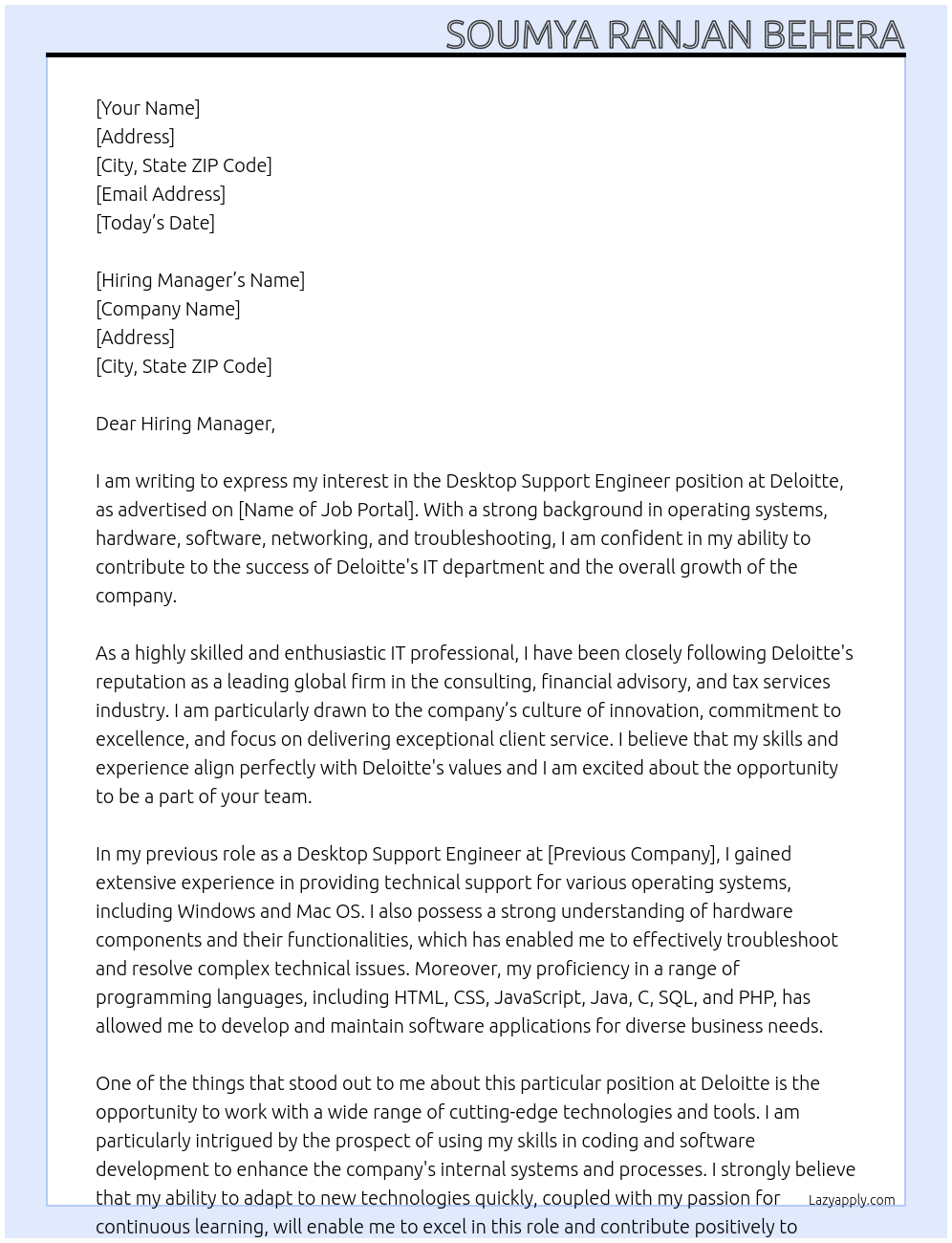 Desktop Support Engineer At Deloitte Cover Letter