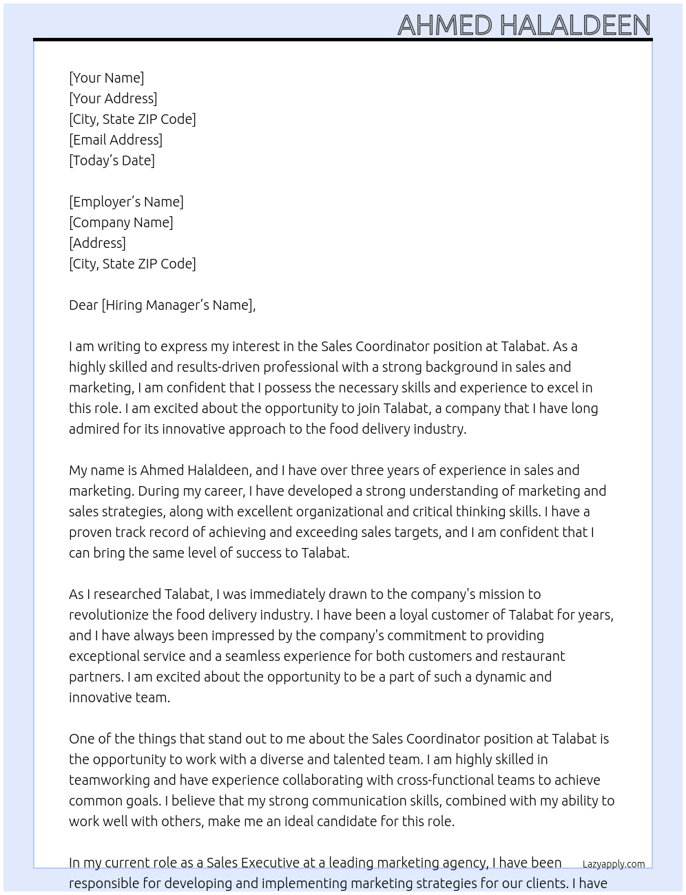 Sales coordinator  At Talabat  Cover Letter