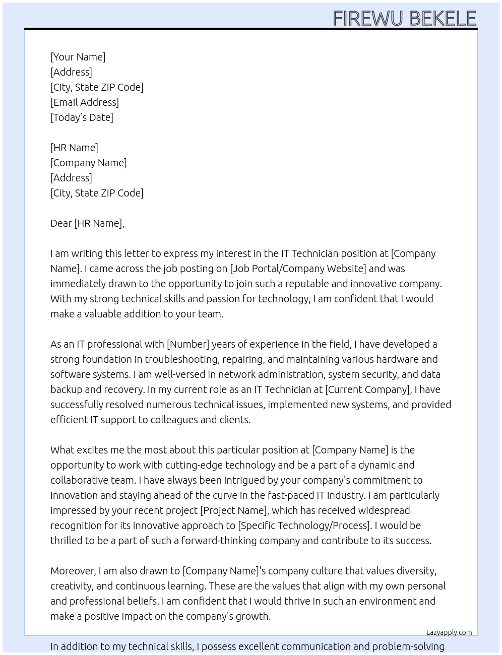 IT technician At to whom it may concern Cover Letter