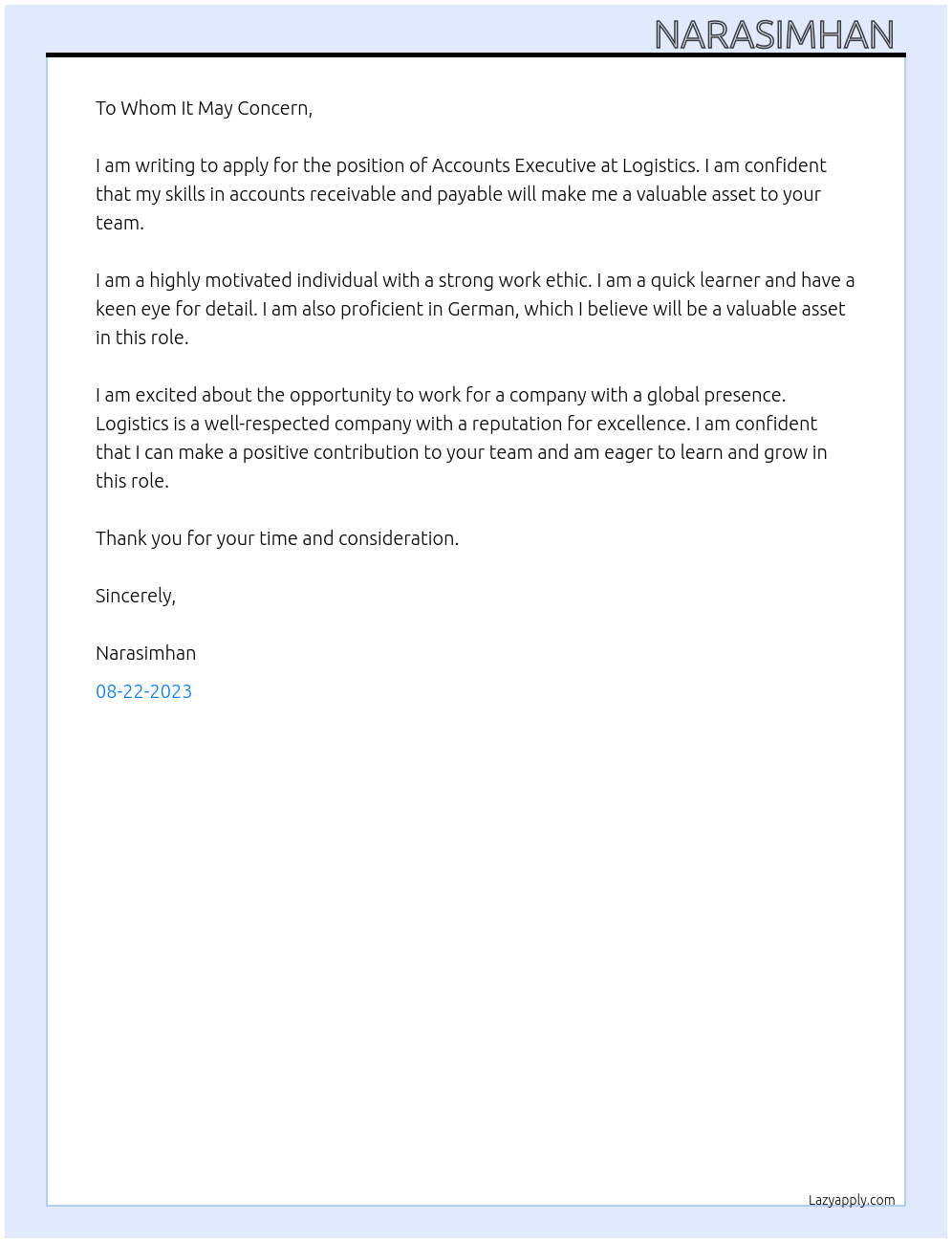 accounts executive At logistics Cover Letter