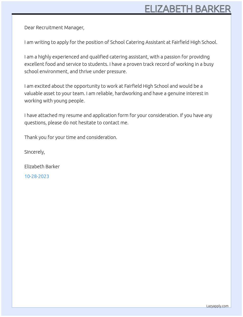 School catering assistant At Fairfield High School Cover Letter