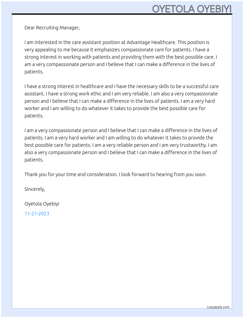 care assistant At advantage healthcare Cover Letter