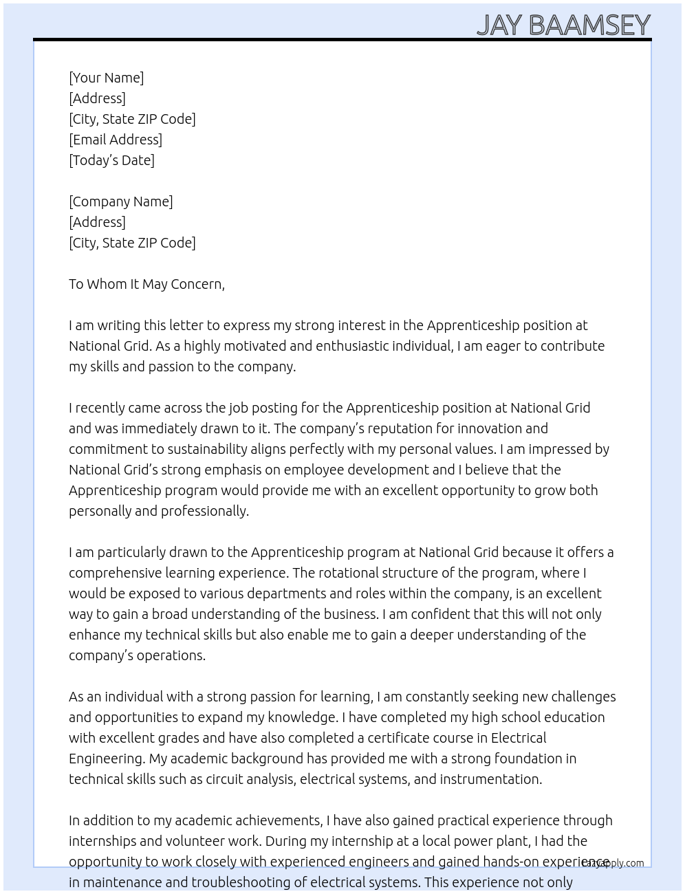 Apprenticeship At National grid Cover Letter