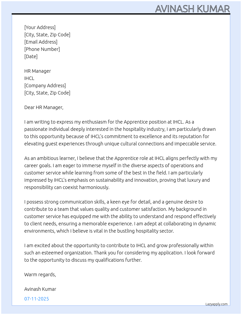 Apprentice At IHCL Cover Letter