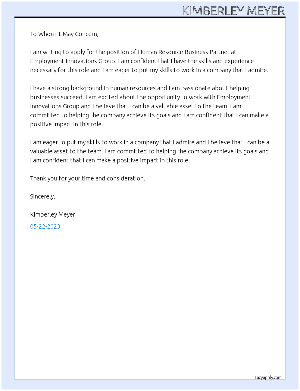 Human Resource Business Partner At Employment Innovations Group Cover Letter