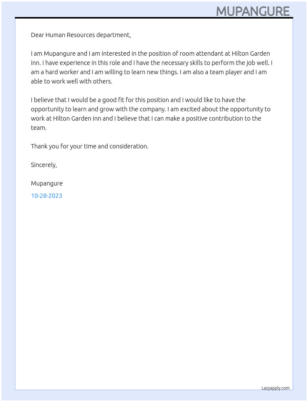 Room attendant  At Hilton Garden inn  Cover Letter